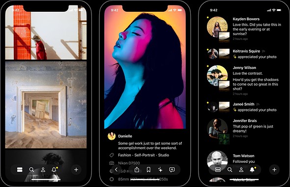 three iphone screenshots with glass photo app features