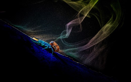 a colorful scorpion sits on a log with rainbow fungi spores floating above it