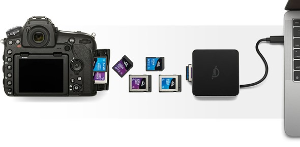 a camera with memory cards-partiall inserted sits next to more memory cards and a card reader connected to a computer