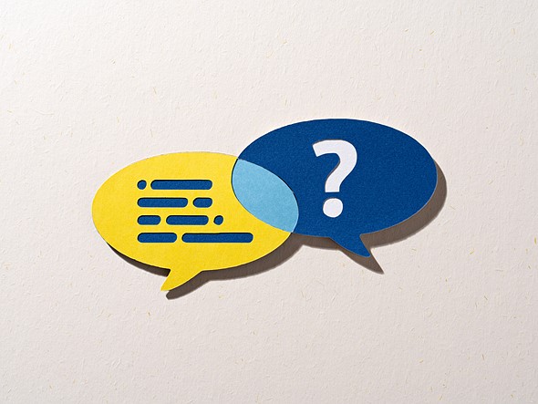 a yellow word bubble with blue lines overlaps a blue one with a white question mark