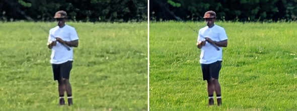 two images of a person in a white shirt and hat standing on grass are placed next to each other