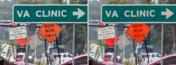 two photos of road signs are placed side by side