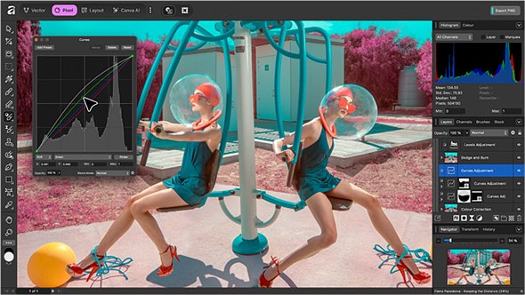 a screenshot of the affinity editing app has surreal image of two women on a playground with pink and blue colors