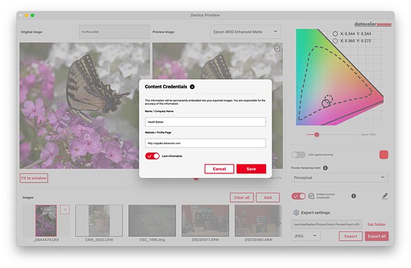 a screenshot of datacolor device preview with the content credentials menu overlayed over the rest of the app