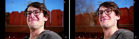 two screenshots of a camera display with a person smiling in front of a fence on both 2