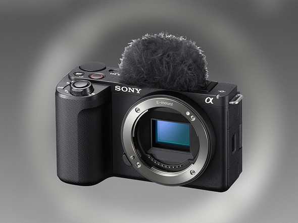 the sony zv-e10 ii camera is on a blurred gray background