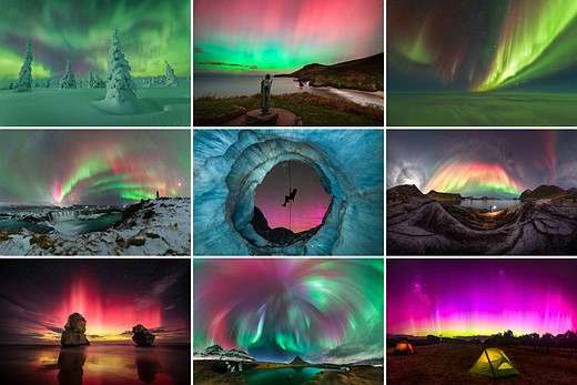 a grid of nine images with colorful aurora stretch above various lansdscapes