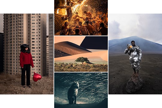 a grid of five images is placd on a white background