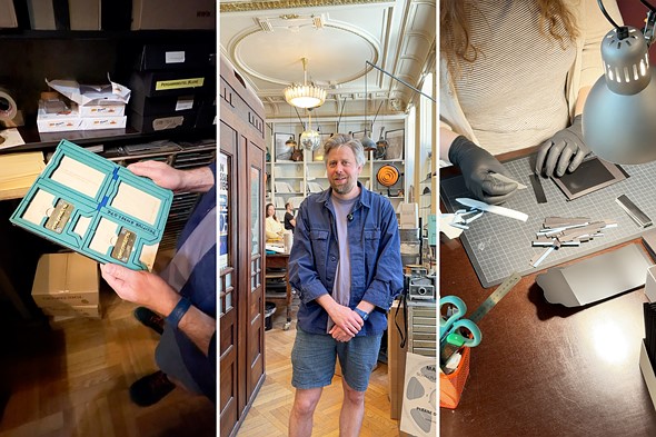 collage of three photos showing a equipment held in hands shelves with printing tools desk workspace with tools under a lamp