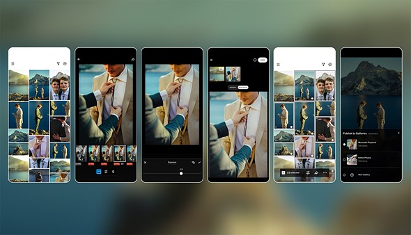 6 iphones laid out with VSCO app features on a blurry blue background