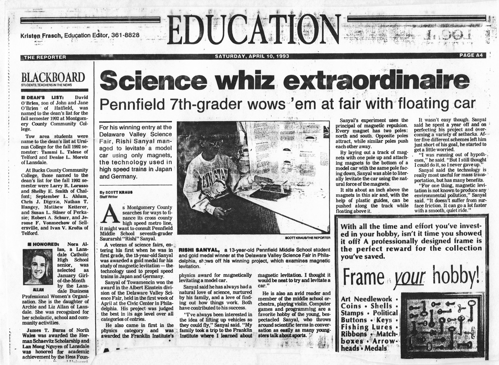 Newspaper page with prominent headline about a science award for a floating car project, accompanied by a photo showing the project being presented. Additional articles and advertisements are arranged around the main story.
