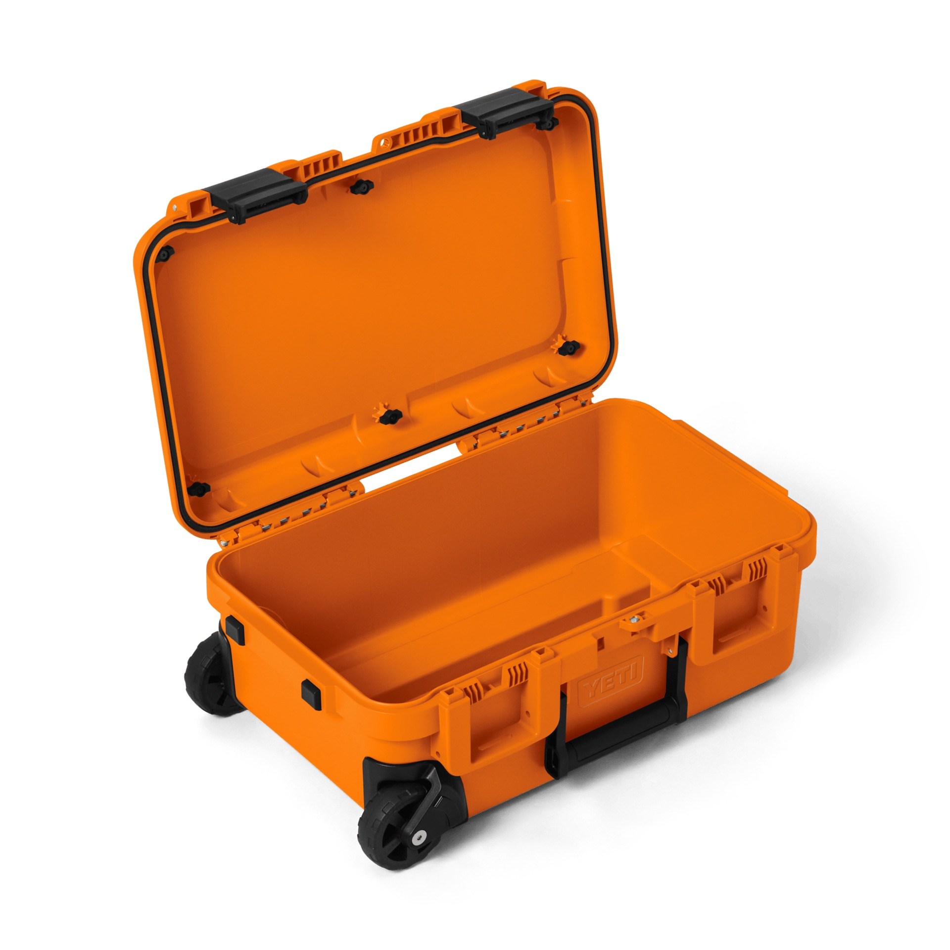 Orange YETI hard cooler with open lid, black latches, and wheels on a white background.