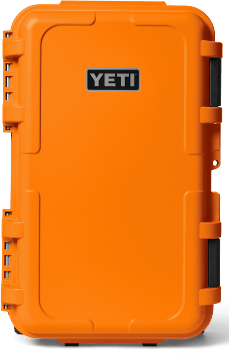 Image of the front of an orange Yeti roller case